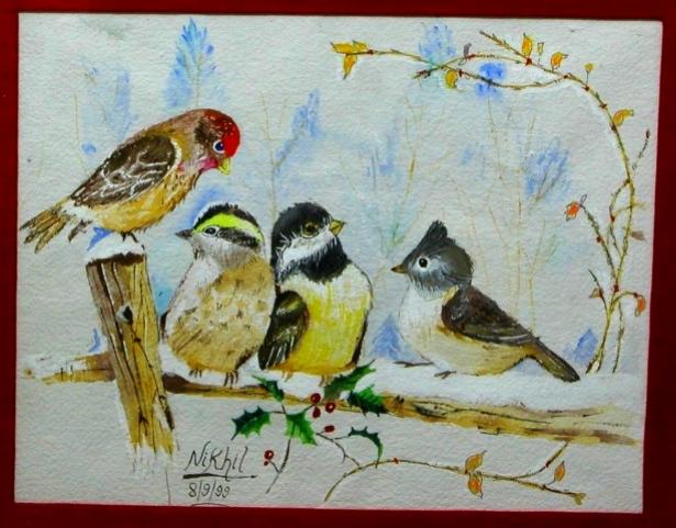 Birds perched on a tree top. Water colors by Nikhil Kabadi