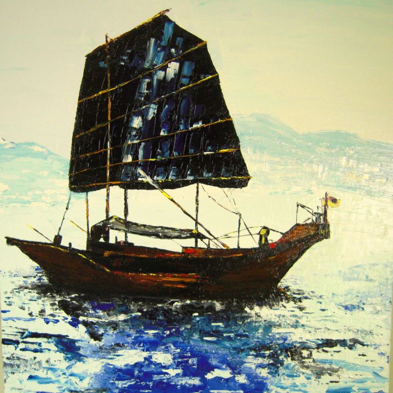 Lonely fishing trawler. Experimental knife painting by Nikhil Kabadi