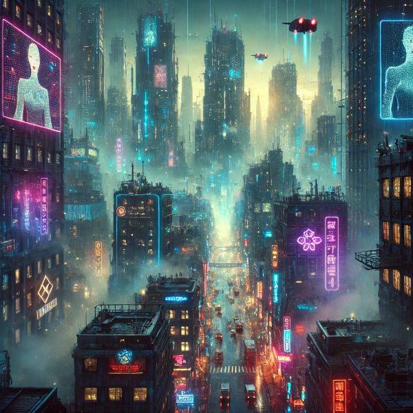 A dystopian future where drones are flying everywhere and the world is lit by neon lights.