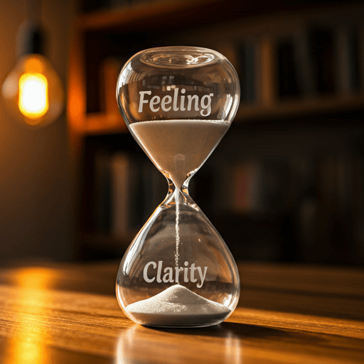 A glass sand timer which shows the words "feeling" and "Clarity" in the top and bottom of the sand timer. This image is available on nikhilkabadi.com