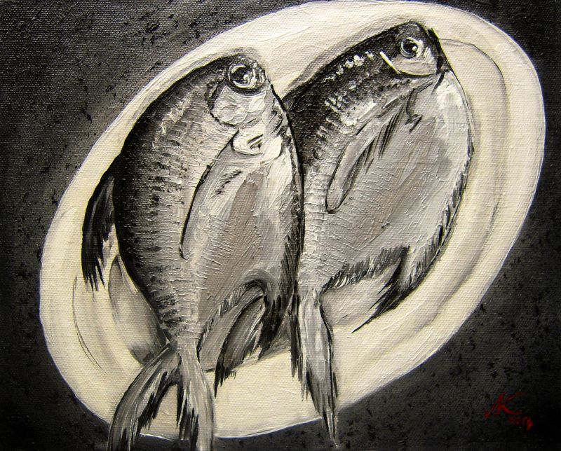Still life - Pomfret fishes on a plate. Oil painting by Nikhil Kabadi