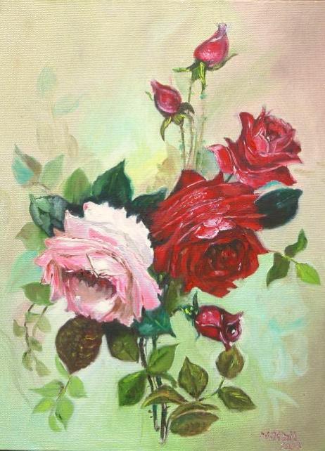 Bunch of red and pink roses. Oil painting by Nikhil Kabadi