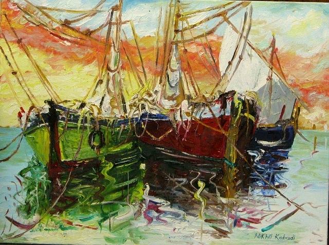 Boats docked in harbor. Sangfroid. Knife painting by Nikhil Kabadi