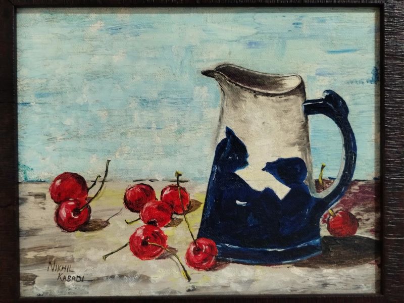 Still life - Cherries on a table beside a ceramic jar. Oil painting by Nikhil Kabadi
