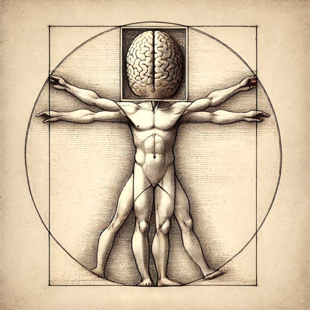 An image of the Vitruvian Man  by Leonardo Di Vinci modified to depict the head prominently as a brain to underline the human behavior where brain is unduly given more attention than our body. This image is on nikhilkabadi.com