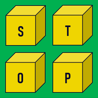 Image depicting four cubes arranged as a square. Each cube has a letter that is the acronym for STOP. Mindful Productivity steps Sense, Trace, Orchestrate, Ponder