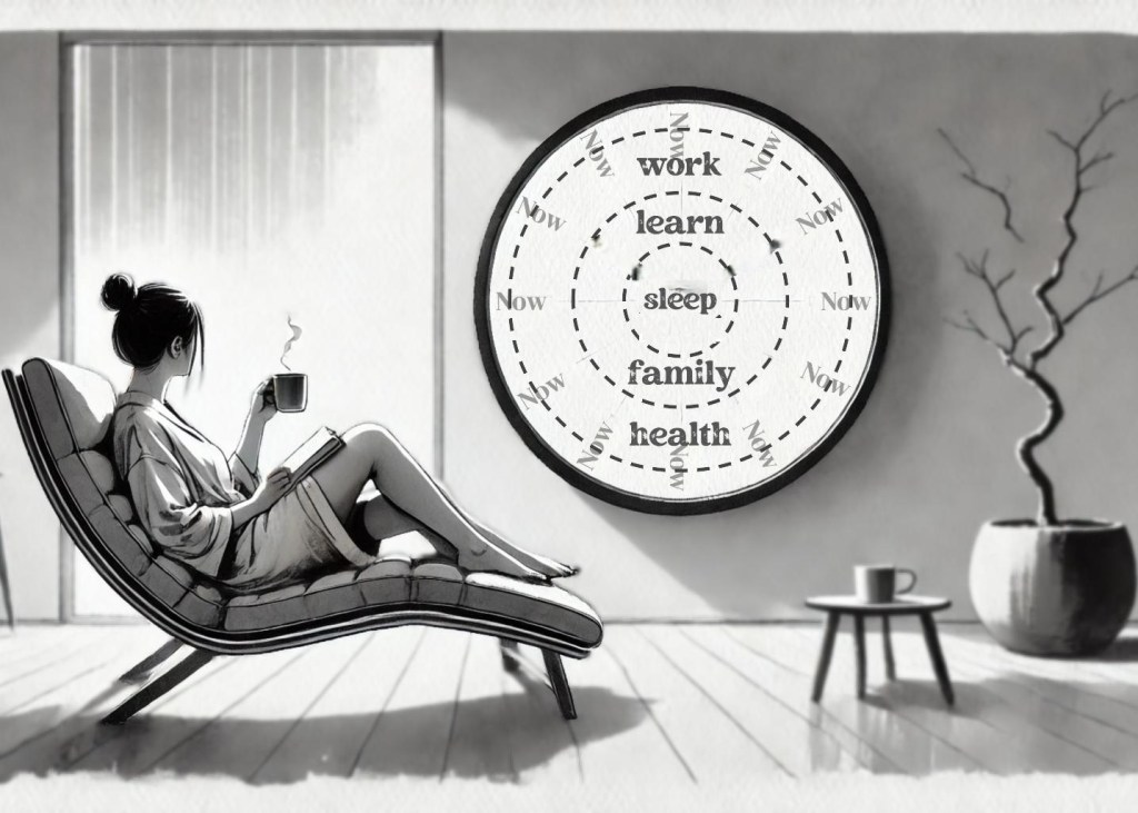 Phronesis - The stoic principle on time-management. The image depicts a women sitting in a chaise lunge chair staring at a wall clock with a book in her hand. The wall clock, instead of showing the hours and the hands, shows the words "now" for hours and instead of the hands has circles for each of the priorities in life - family, work, sleep, leisure, etc.
