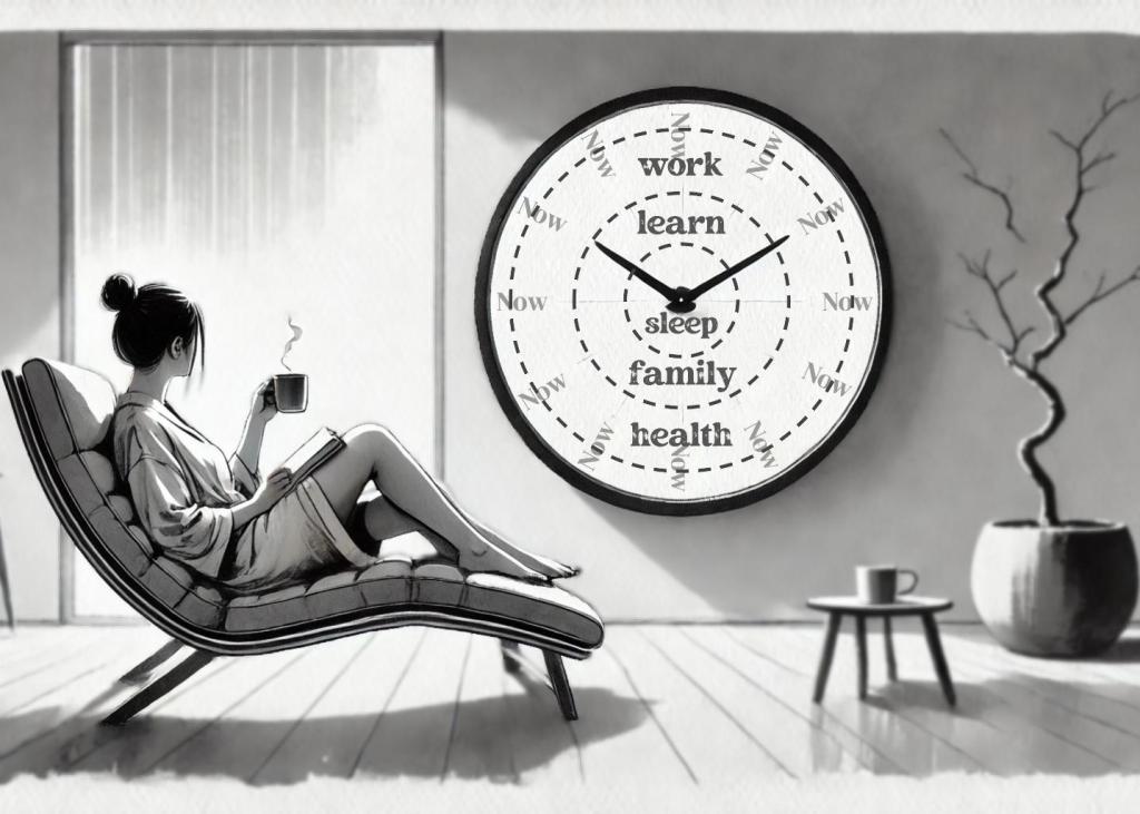 Prohairesis - the second stoic principle on time-management. In the image a women sitting on a chaise lounge chair looks up a wall that that depicts different priorities in life like health, work, leisure, family, etc.