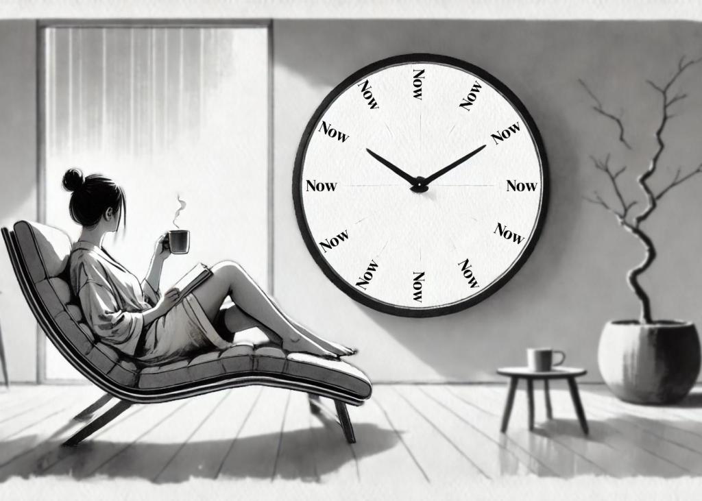 Prosoche - A women looking at a wall clock that reads the word "now" instead of hours on it.