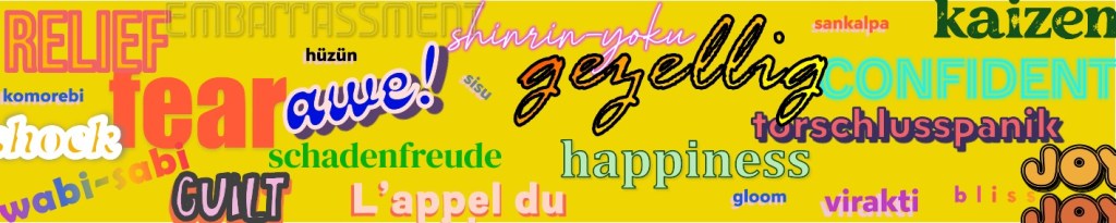 Banner image with various emotional words across cultures and languages