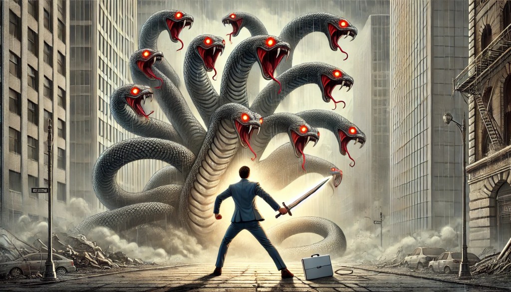 Modern day Hercules in suit and pants fighting a venomous looking multi-headed Hydra snake.