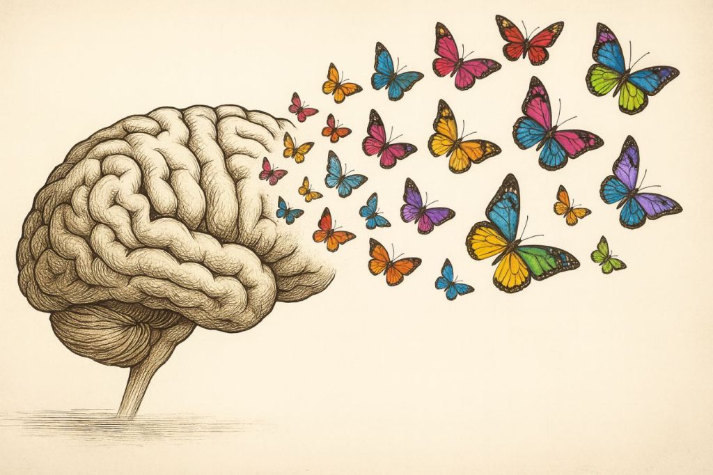 Butterflies flying away from a picture of the brain. A metamorphic representation of forgetting, demonstrating the effect of dementia. Multiple butterflies represent the multiple prompts we use in AI, with each prompt subtly and slowly eroding our ability to think.